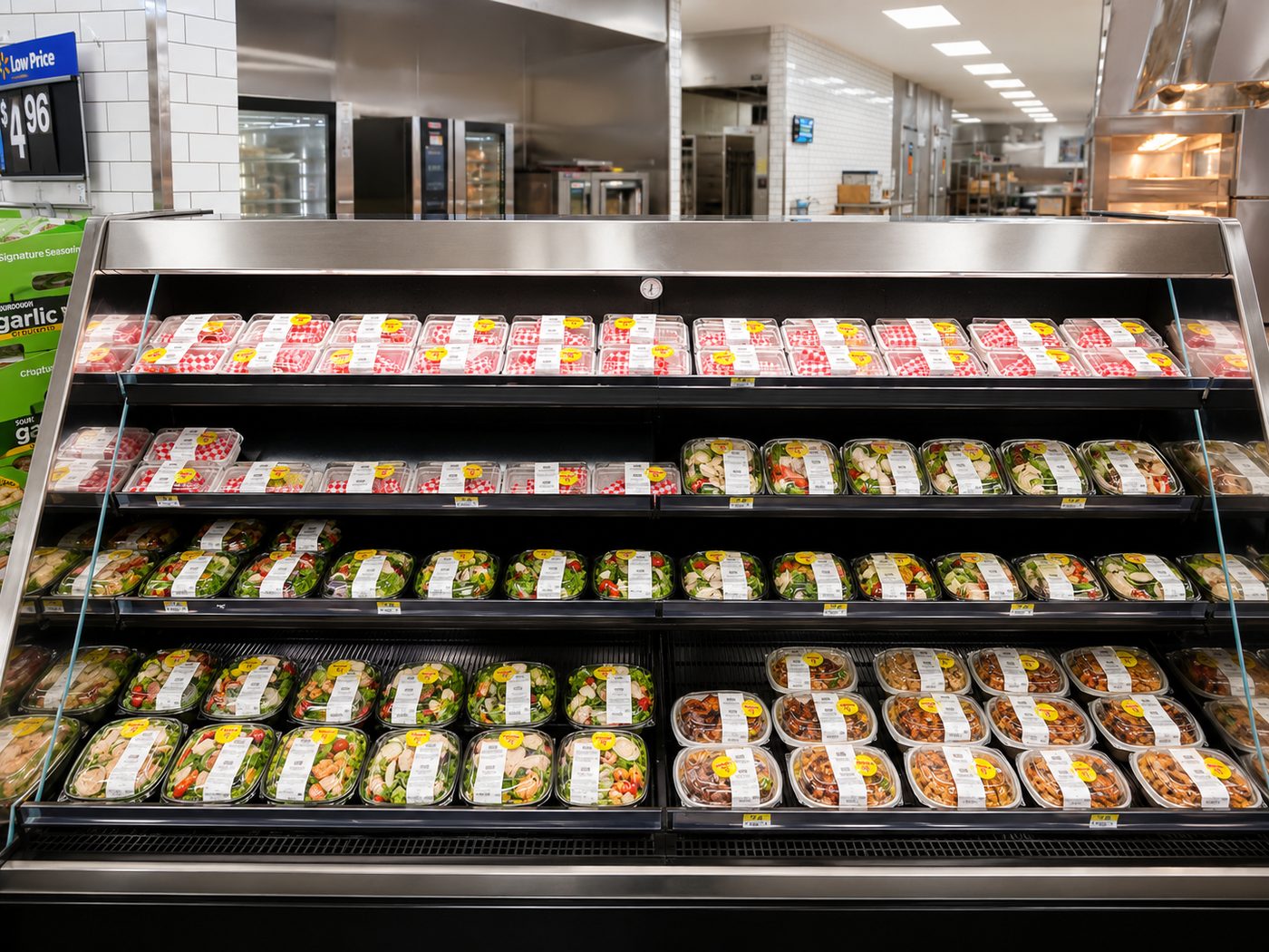 Farm & Fare grab-and-go case stocked with fresh meals in the fresh department of a Walmart Supercentre