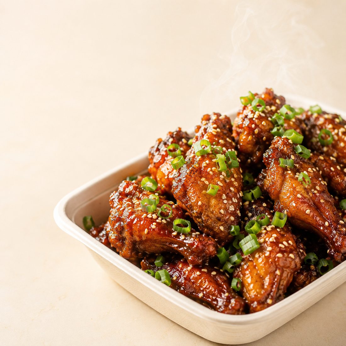 Glazed chicken wings with sesame and green onion, made fresh at Farm & Fare