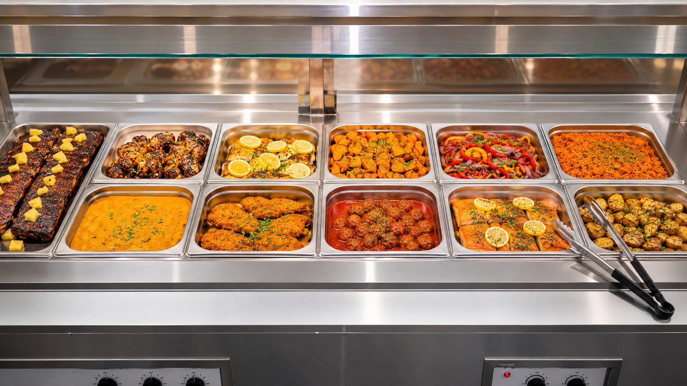Trays of freshly cooked mains and sides on the Farm & Fare hot line